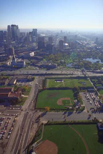 Color aerial view of expanded Minneapolis Sculpture Garden and moved Softball field.