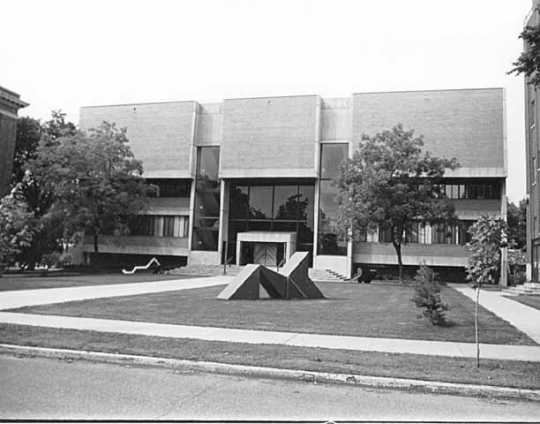 Black and white photograph of the Visual Arts building at the College of St. Catherine in St. Paul, ca. 1970. Photographed by Alan Ominsky.
