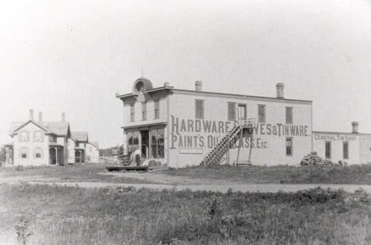 Black and white photograph of Vollbrecht Hardware Store in Hanover, ca. 1906.
