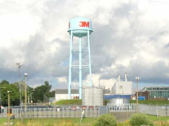3M factory water tower, ca. 2001. Water towers were a visible part of 3M’s large factory facilities. This water tower was located in Gorseinon, Wales, United Kingdom. Photograph by Wikimedia Commons user Nigel Davies.
