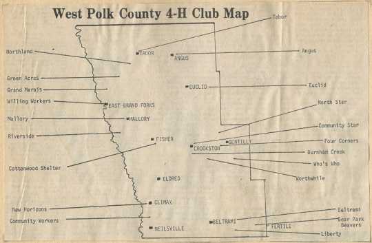 Map of 4H clubs in West Polk County published in the Crookston Daily Times, 1980.