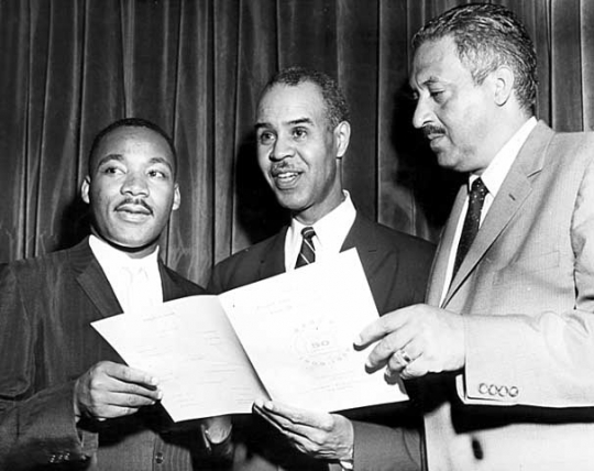 Photograph of Martin Luther King, Roy Wilkins, and Thurgood Marshall