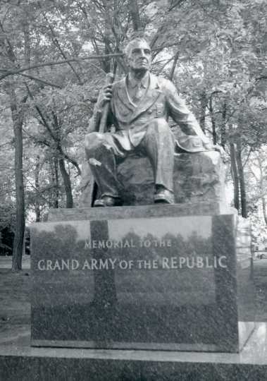 Monument to Albert Woolson as the last surviving member of the Union Army in the Civil War. Woolson was not at the Gettysburg battle. The statue was placed there in his memory and of the Grand Army of the Republic (GAR). The statue was dedicated in September 1956. Woolson posed for the statue, and it was created by famous sculptor Avard Fairbanks. Used with permission of the St. Louis County Historical Society, University of Minnesota of Duluth Archives.