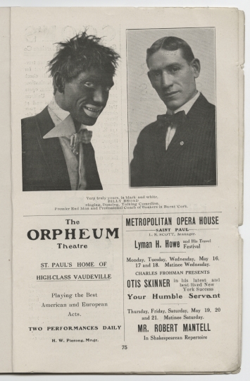 Page from the Bankers in Burnt Cork pamphlet. This show was a blackface minstrel production organized by the St. Paul chapter of the American Institute of Banking. From the Minnesota Historical Society pamphlet collection, St. Paul.