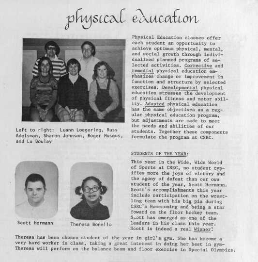 Page about a physical education program from the 1977 edition of Hawkeye, the annual yearbook of the Cooperative School Rehabilitation Center, Minnetonka.