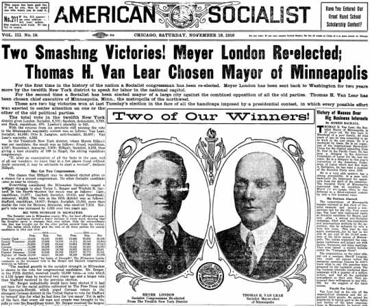 American Socialist front page featuring Thomas Van Lear and Meyer London