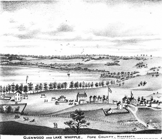 lithograph showing a bird's eye view of Glenwood and Lake Whipple