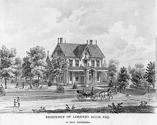 lithograph depicting the home of Lorenzo Allis in St. Paul