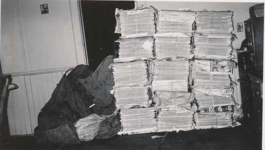 Black and white photograph of bundles of the Waconia Patriot ready to be shipped. Date and photographer unknown.