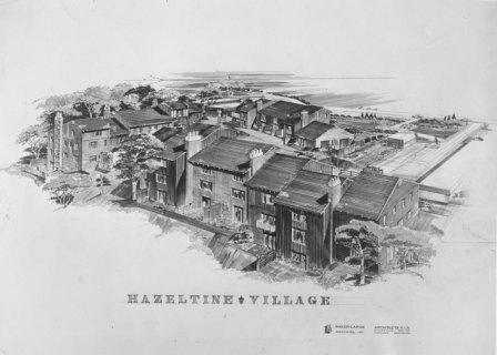 Black and white image of an artist's rendering of Jonathan Village, late 1960s or early 1970s.
