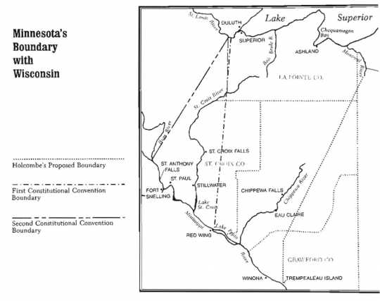 Map showing three Minnesota–Wisconsin boundaries proposed during the late 1840s. Created by Alan Ominsky and reproduced in Lass, William E., "Minnesota's Separation from Wisconsin," Minnesota History 50 (Winter 1987): 311.