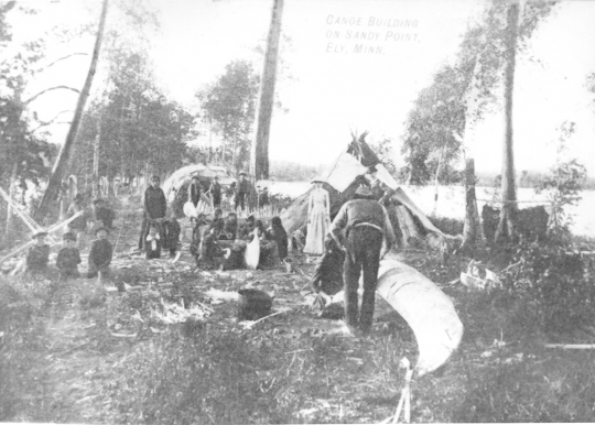 Ojibwe families building canoes