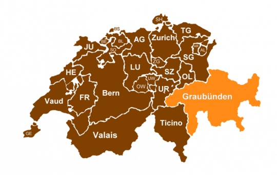 Map of Swiss cantons with Graubunden highlighted
