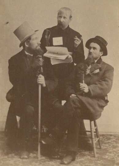 Black and white photograph of Solomon Comstock, James H. Sharp, and S. G. Roberts, 1880. 