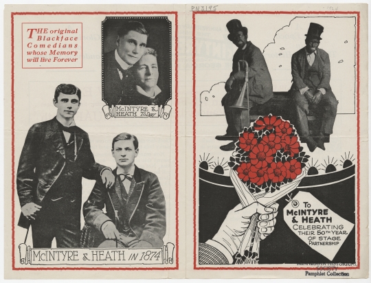 Cover spread of a pamphlet promoting the fiftieth anniversary of the stage partnership between James McIntrye and Thomas Heath, who were some of the most influential and famous blackface minstrels of their time. From the Minnesota Historical Society pamphlet collection, St. Paul.