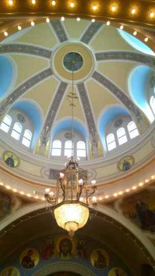 Color image of the dome and chandelier inside St. Mary’s Orthodox Cathedral in Minneapolis. Photographed by Paul Nelson on June 10, 2014.