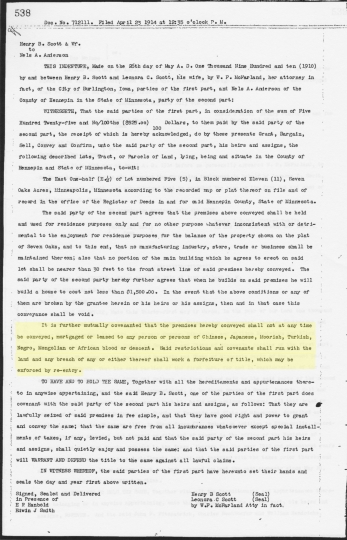 Image of first known deed with a covenant in the Twin Cities, May 26, 1910. The passage containing the covenant is highlighted. Deeds Book 759, page 538, Document 712111, recorded April 23, 1914. Registrar of Titles, Hennepin County Recorder’s Office, Minneapolis.