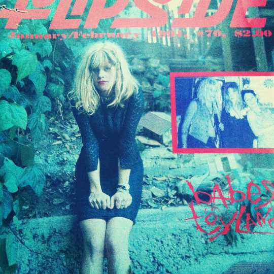 Babes in Toyland’s Kat Bjelland on the cover of the January/February 1991 issue of the fanzine Flipside. The inset image shows (left to right): Lori Barbero; Bjelland; and Michelle Leon.