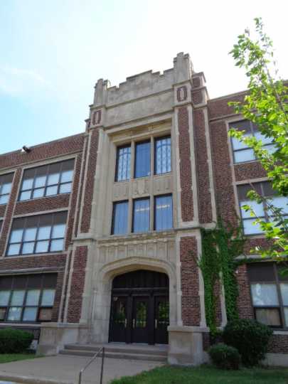 Color image of the front entrance of Marshall Junior High School (now Webster Elementary School) in St. Paul designed by Clarence Wigington and built in 1924 and 1925. Photographed by Paul Nelson on August 15, 2014.
