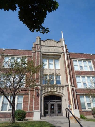 Color image of the front entrance of Wilson Junior High School in St. Paul designed by Clarence Wigington and built in 1924 and 1925. Photographed by Paul Nelson on August 15, 2014.