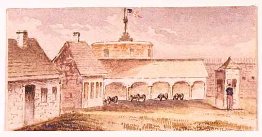 Watercolor painting of an interior view of Fort Snelling made c.1853.