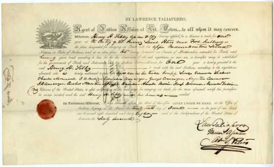 Color image of a fur trading license issued to Henry H. Sibley, 1838.
