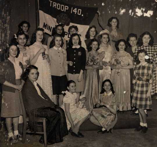 Black and white photograph of Emanuel Cohen Girl Scout Troop 140, Minneapolis, 1944.