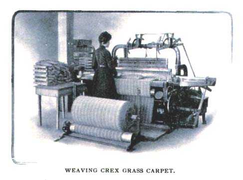 Color illustration of a Crex Carpet Company employee operating a carpet loom, c.1908.