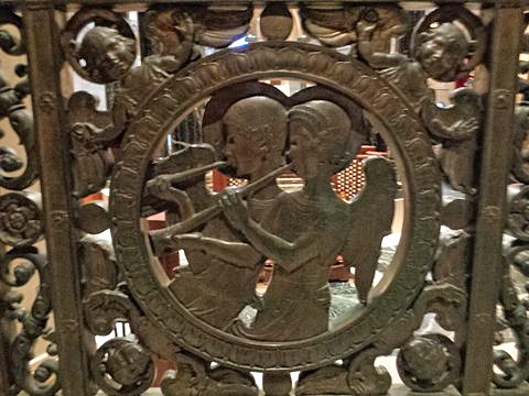 Color photograph of a close-up view of a decorative grille inside the St. Paul Cathedral. Photographed by Paul Nelson on July 10, 2014.