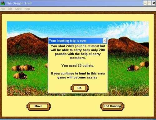 Screenshot of hunting in the Oregon Trail computer game, ca. 1996. 