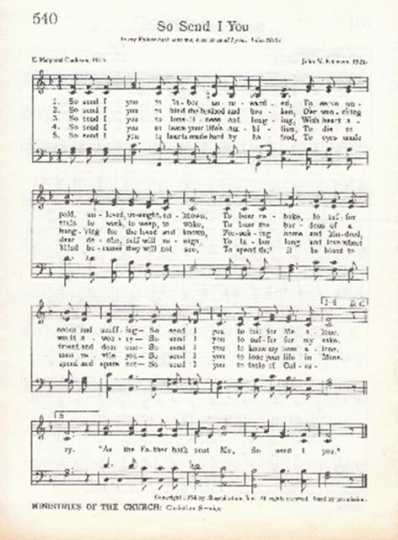Sheet music of a hymn often used for mission programs organized by the Carson Mennonite Brethren Church.