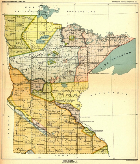 Map of Native American land cessions in the present-day state of Minnesota