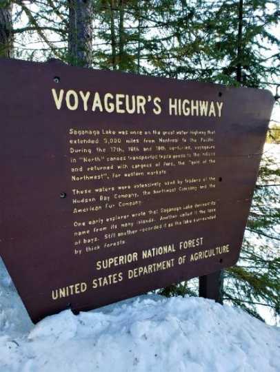 Sign marking the Voyageur’s Highway at Lake Saganaga
