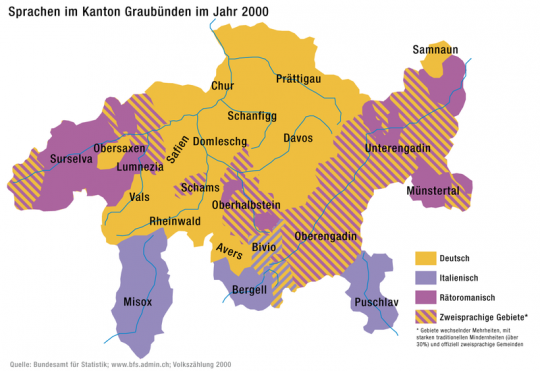 Map of languages spoken in Graubunden, Switzerland
