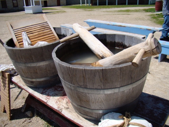 Washing tubs, boards, and dolly pins at Historic Fort Snelling