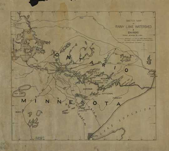 Hand-drawn 1920s map of the Rainy Lake watershed in both Minnesota and Ontario, possibly drawn by Ernest Oberholtzer, showing the 14,500 square miles that would have been effected by Edward Backus’ proposed dams. Used with the permission of the Oberholtzer Foundation.