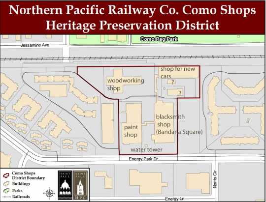Map of the Como Shops Heritage Preservation District produced by the City of St. Paul; annotated in May 2017.