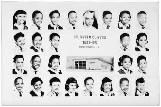 photograph featuring class pictures of the students and teacher of St. Peter Claver's second grade class