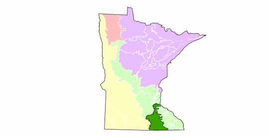 Map showing the extent of the oak savanna ecosystem in Minnesota. 