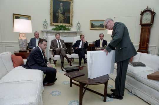 John W. Vessey Jr. with Ronald Reagan and George H. W. Bush