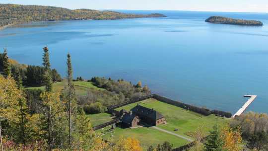 Bird’s-eye view of the reconstructed Grand Lodge on Grand Portage Bay