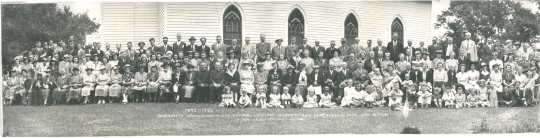 This “yard long” photograph was taken at Swedish Evangelical Lutheran Church (Our Savior’s Lutheran Church) on June 28, 1942, on its seventieth anniversary. The reverend at the time was J. E. Sutherland. Photographer unknown. Anoka County Historical Society object ID# P2075.19.84.