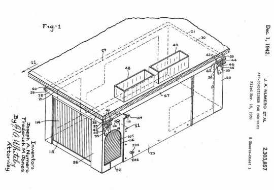 Black and white dagram of the Thermo King Model A included in Frederick M. Jones’ 1939 patent application to the U.S. Patent and Trademark Office. 