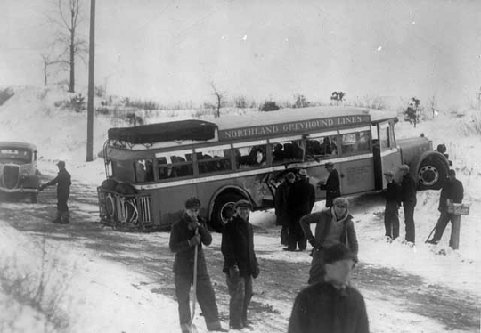 Northland Greyhound bus in a ditch