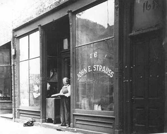 John E. Strauss, Sr. in front of Strauss Skate Shop