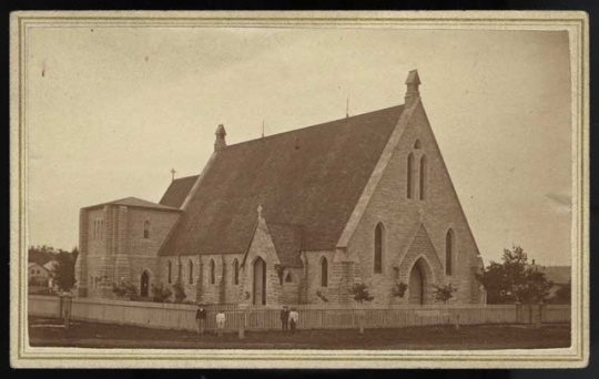 Black and white photograph of Cathedral Church of Our Merciful Savior, Faribault, c.1870.