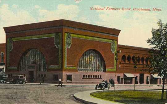 A color postcard of National Farmers Bank of Owatonna, c.1920