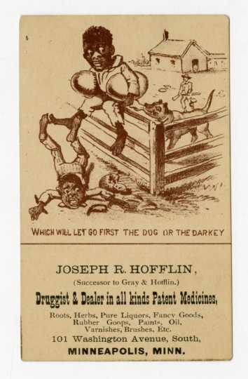 Business trade Card for Joseph R. Hofflin, Druggist and Dealer in Patent Medicines featuring the theft of a watermelon, Minneapolis, Minnesota. Created between 1880 and 1910.