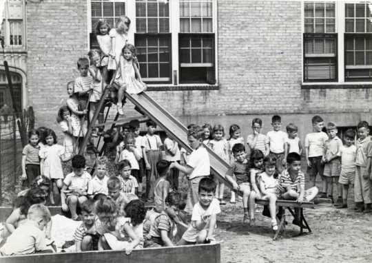 Black and white photograph of the playground at the Jewish Educational Center in St. Paul, 1946.