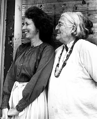 Black and white photograph of Meridel Le Sueur (right) with writer and poet Molly Culligan (left), 1980.